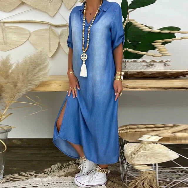 Orina™ long dress with side slit in jeans look