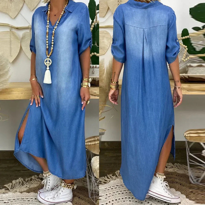 Orina™ long dress with side slit in jeans look